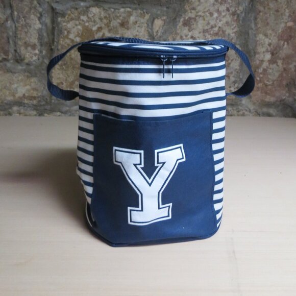 New "Y" Round Insulated Carry Cooler Tote YALE UNIVERSITY Blue & White stripe - Picture 1 of 7